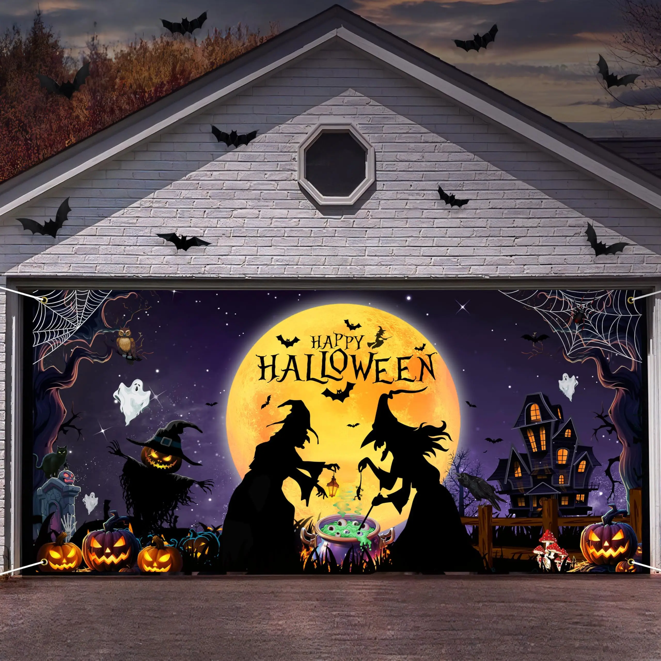 Halloween Garage Door Cover Banner Full Moon Witch Backdrop Halloween Garage Door Yard Wall Hanging Background Outdoor Party