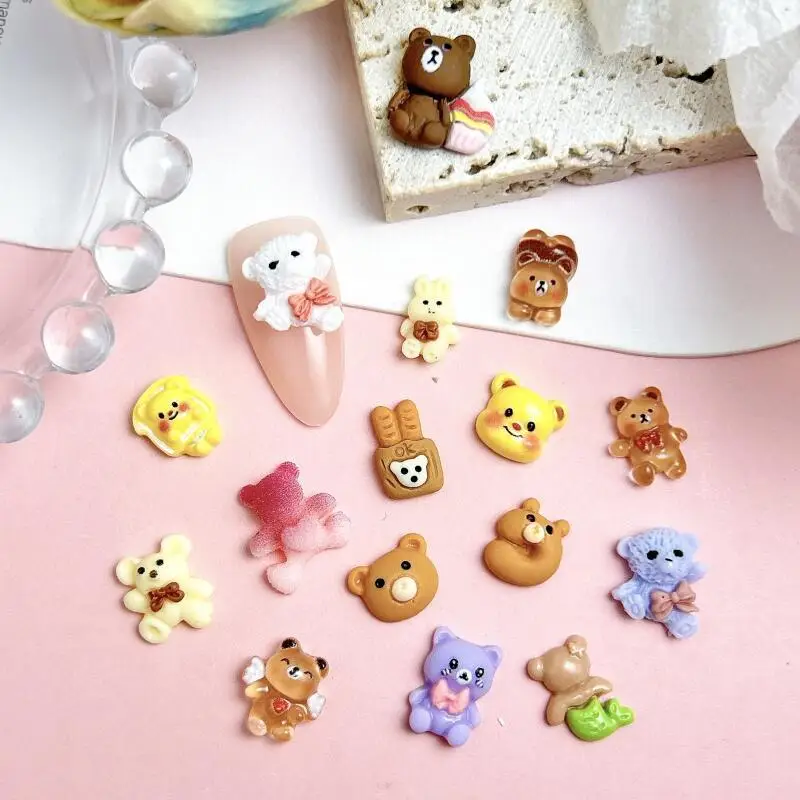 Simulated Cartoon Bread Bears Nail Charms Gradient Powder Blusher Butter Bears Resin Nail Art Decorations for DIY Nails Ornament