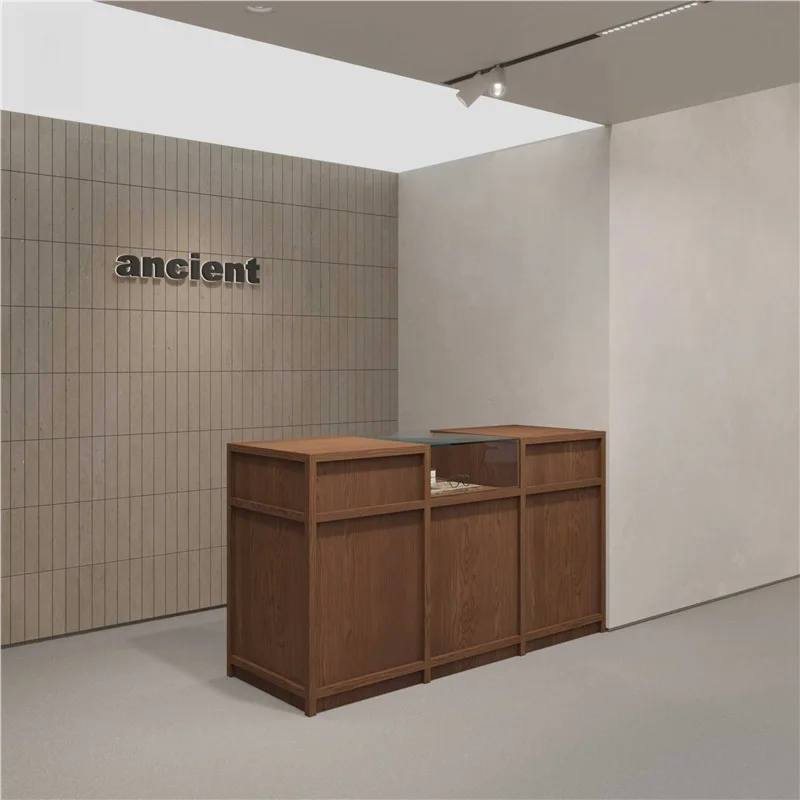 Clothing store boutique counter reception desk with glass bar checkout page retro jewelry display front desk small counter
