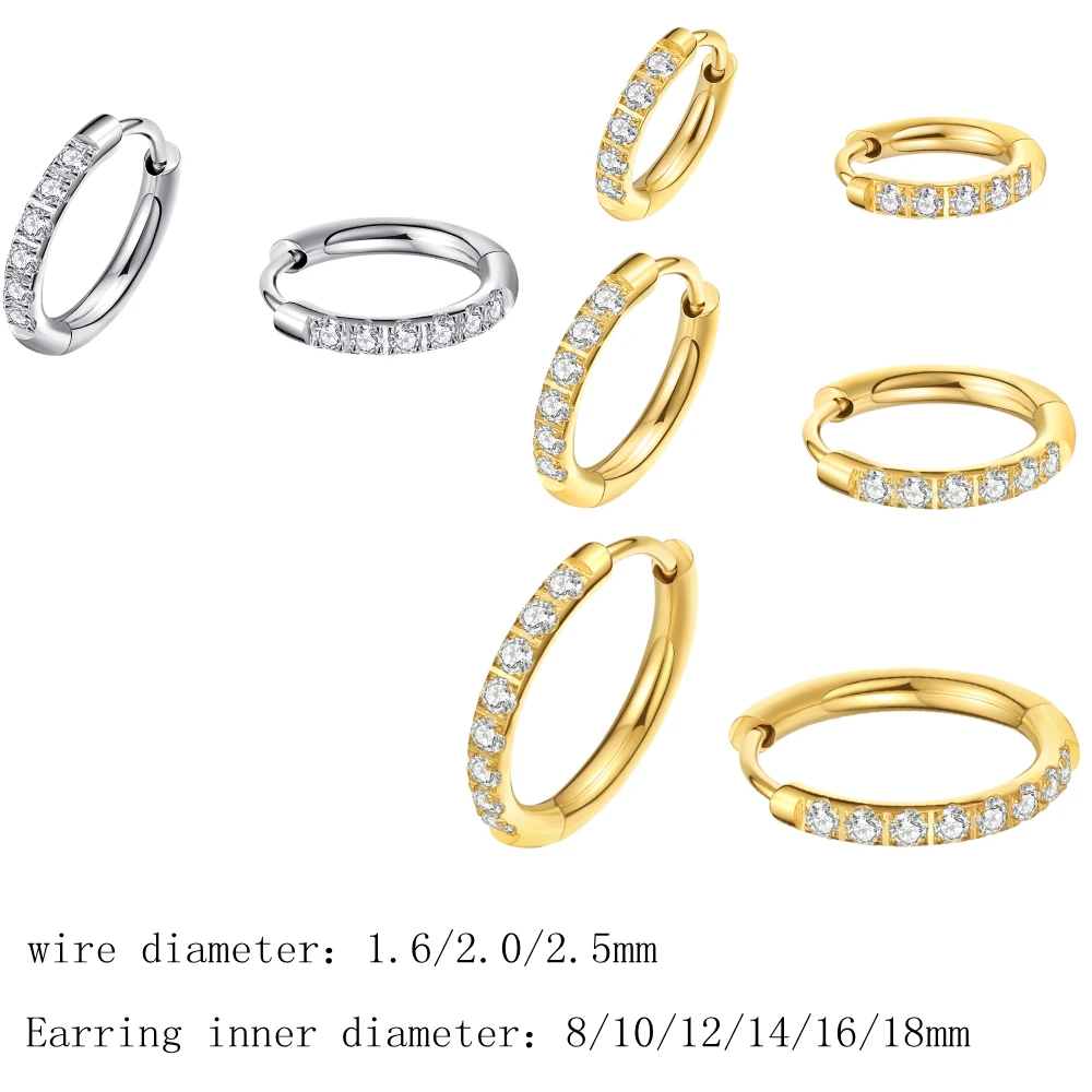 1PC Wire Diameter 1.6/2.5mm 316 Stainless Steel Hoop Earrings Zircon No Fade Allergy Free Classical Brief Style IP Plating