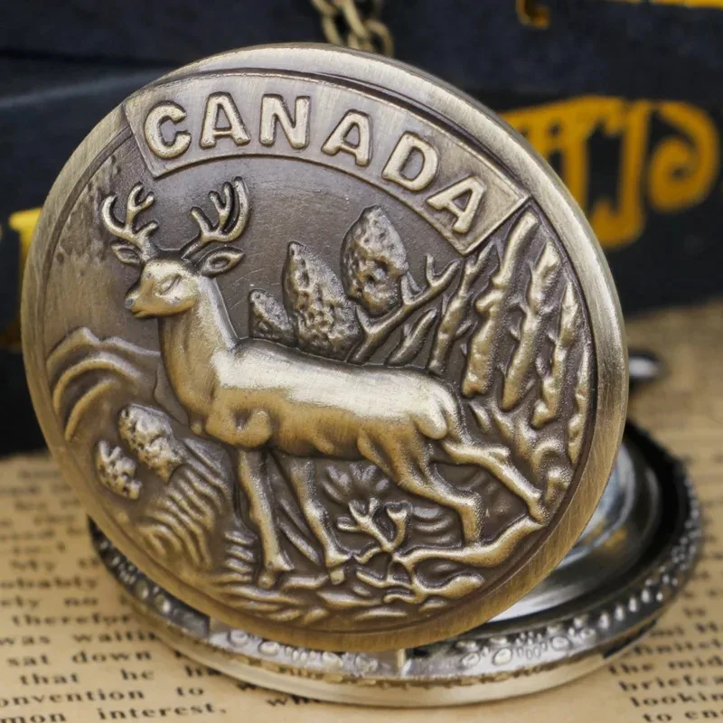 골동품 캐나다 사슴 빈티지 석영 주머니 시계 목걸이 디지털 펜던트 체인 남성용 독특한 시계 쥬얼리 선물 어린이