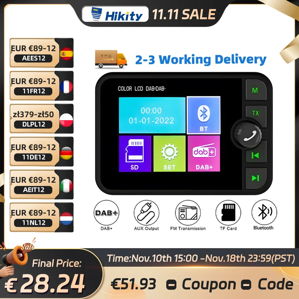 Hikity Dab + Auto Dab Digitale Radio Adapter 2.4 "Lcd-Display Ondersteuning Fm-Zender Bt Muziek Aux