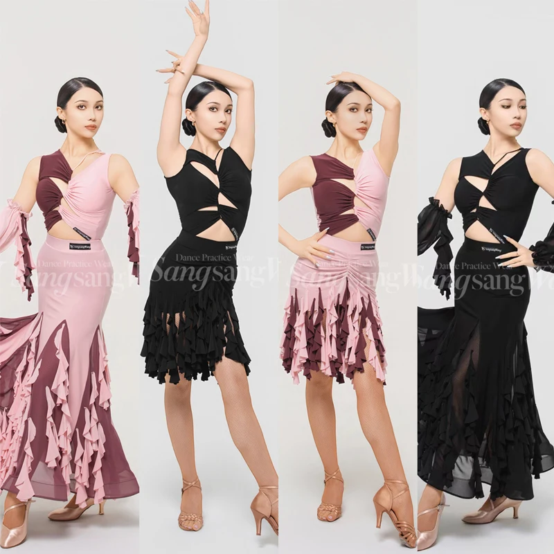 

Adults Waltz Latin Dance Professional Costume Women Ballroom Dance Competition Clothes Sexy Cutout Latin Top Ruffled Skirt 15144