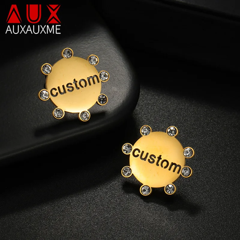 

Auxauxme Personalized Custom Name Earrings Stainless Steel 1 Pair Trendy Nameplate Zircon Sun Shape Studs Earring Jewelry Gifts
