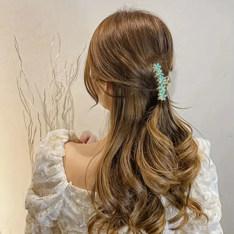 

Elegant Large Butterfly Hair Claw With Imitation Turquoise & Rhinestones - Vintage Style Alloy Ponytail Holder For Women And Gir