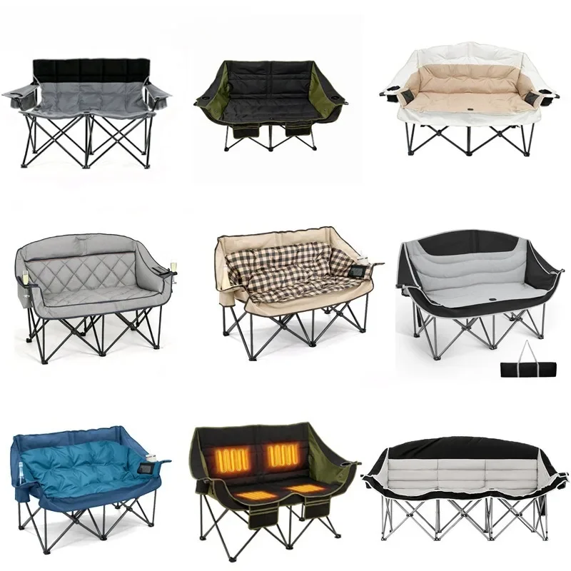 Outdoor Folding Chair Camping Reclining Double Sofa Chair Portable Padded Moon Chair Set