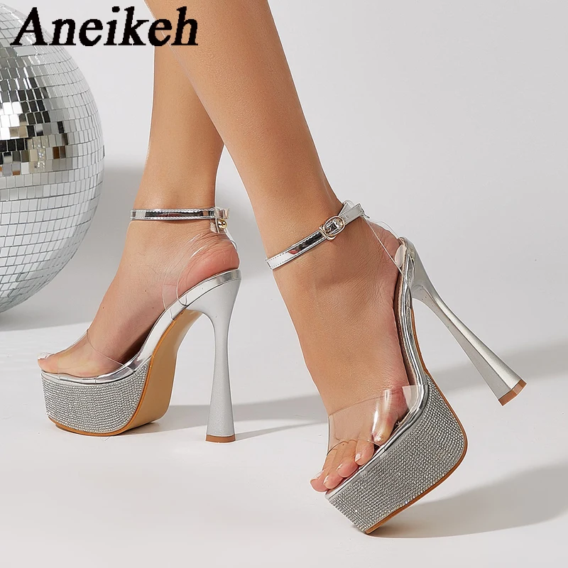 Aneikeh Summer PVC Sandals Women Platform Thin Heels Round Toe Bling Ankle Strap Slippers Women Sandals Shoes For Sexy Gold 2024