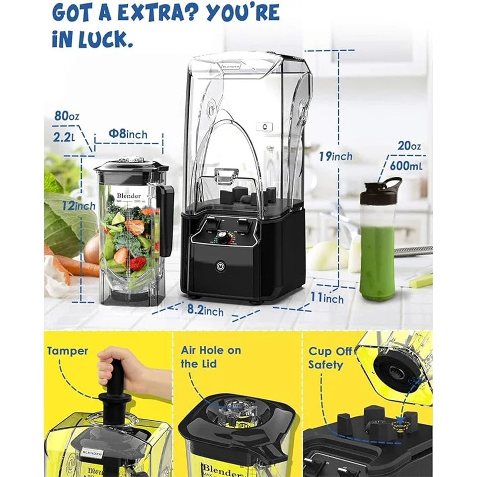 RP23 Commercial Quiet Blender, Soundproof Blenders, 2200 Watt Powerful Professional Kitchen Blender With BPA-Free 80oz Pitcher