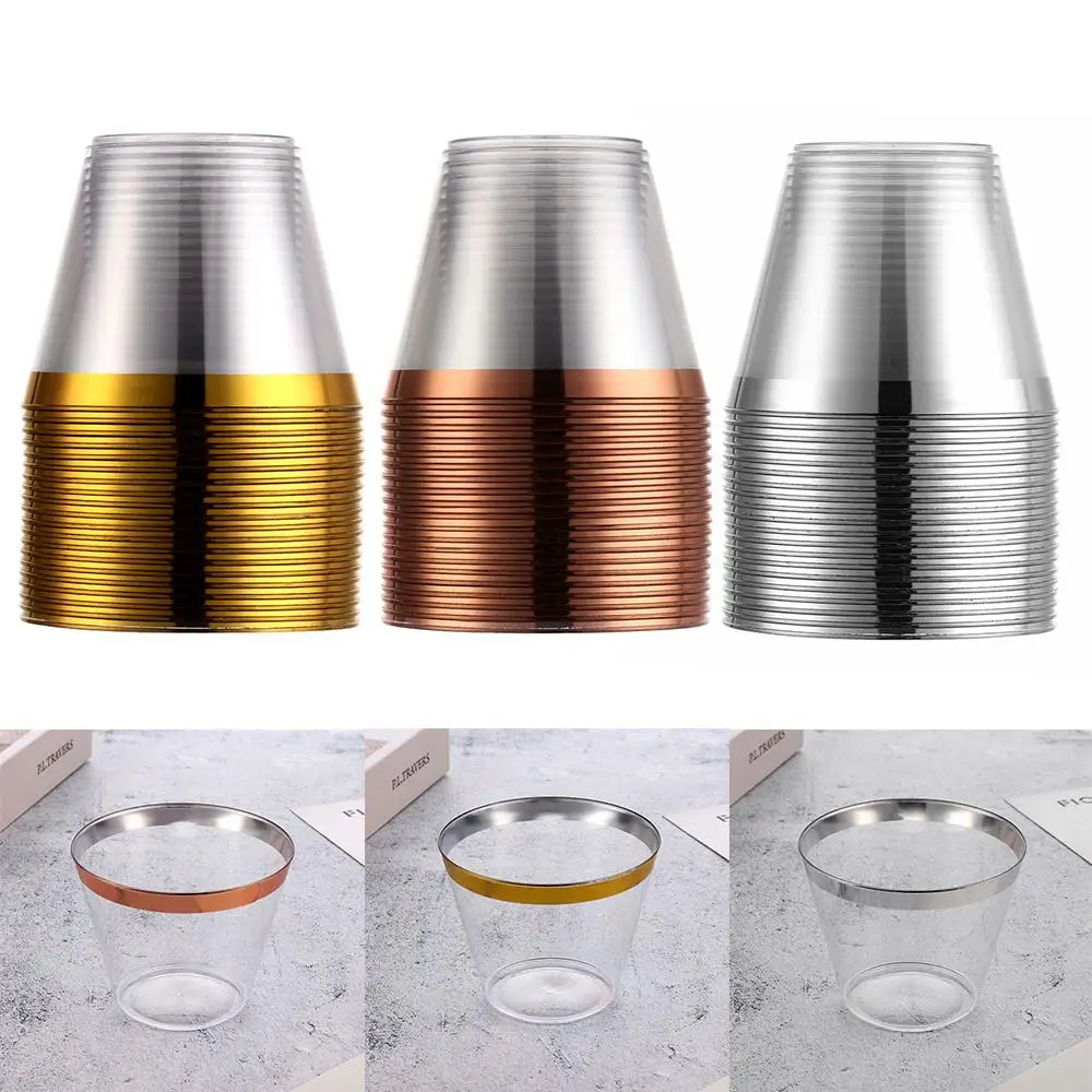 Disposable Plastic Cups Rose Gold Rimmed Transparent Wine Cups Tableware for Wedding Birthday Party Cups Home Decor