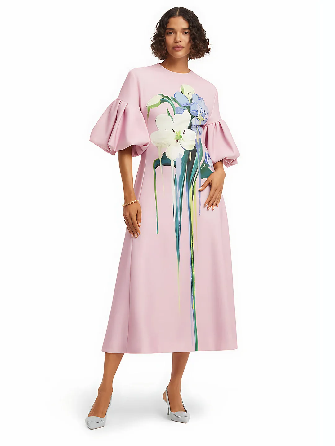 Ballet Princess Printed Dress Summer Soft Style High Waist Bubble Sleeve Date Gentlewoman Dress Polyester Fabric No Stretch