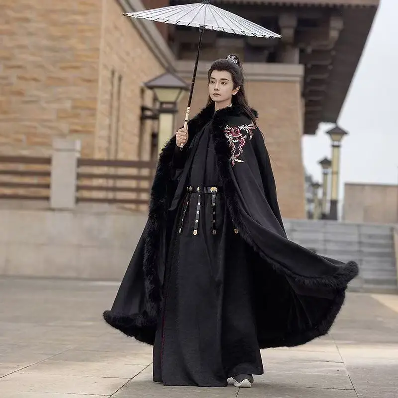Original Men's Cloak Begonia Flower Embroidery Plush Collar Long Outer Robe Stylish Cool Swordsman Cape Thicken - Image 3