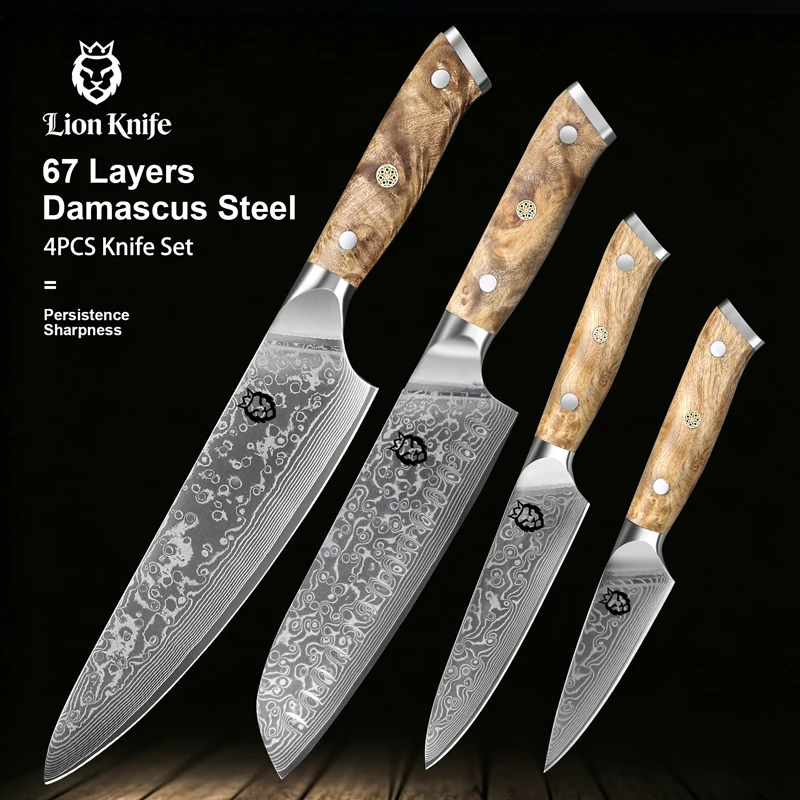 4-teiliges Set Damaszener Stahl Küchenmesser-Set Hochwertiges Küchenmesser-Set Kochmesser Allzweckmesser Santoku-Schälmesser Professionelles Küchenmesser zum Hacken von Gemüse und Fleisch mit Griff