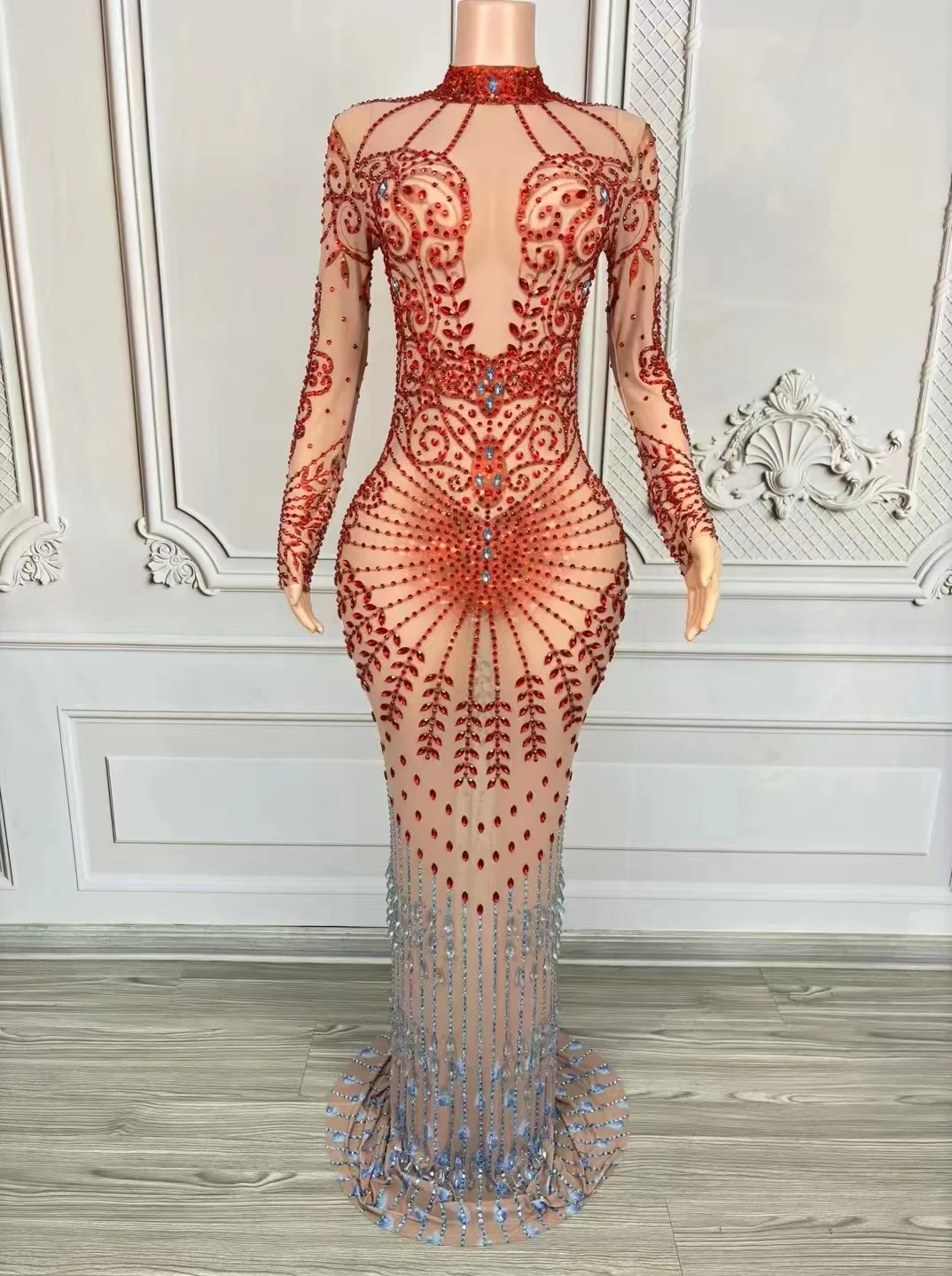 Nightclub Female Singer Photography Sequined Rhinestone One-Piece Hip-Covering Long Skirt Dress Performance Clothing