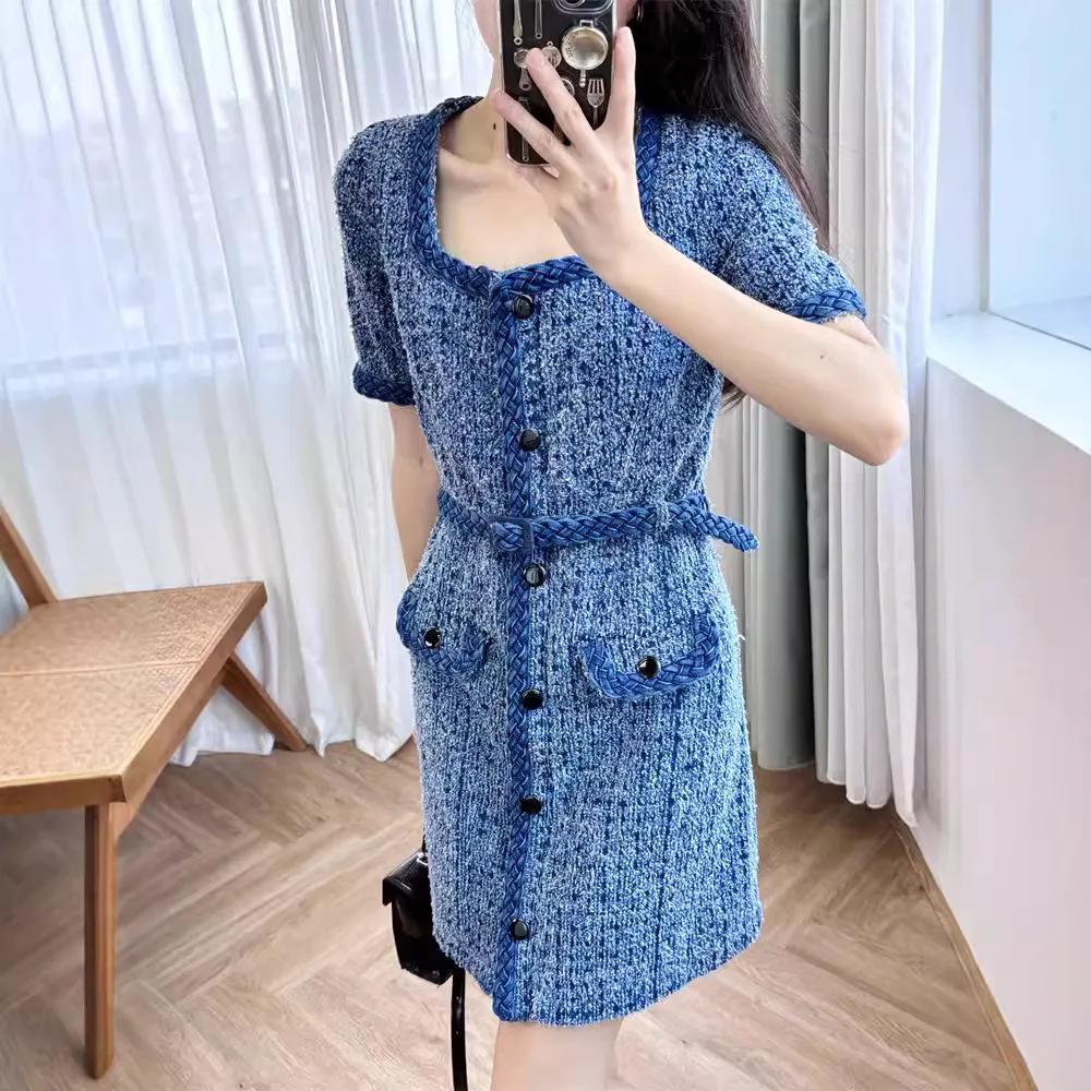 Quality Autumn Winter Denim Blue Coarse Tweed Short Dress Women Elegant Vintage Retro Prom Party Vestidos Mini