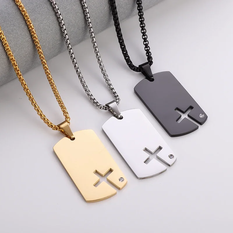 Cross Dog Tag Necklace Stainless Steel Hollowed Out Cross Pendant for Men Women Strong and Brave Christian Jewellery Amulet Gift