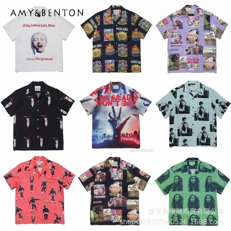 

Japanese American Street Trendy Punk Band Full of Loose Cuban Collar Hawaiian Short-Sleeved Shirt Men and Women
