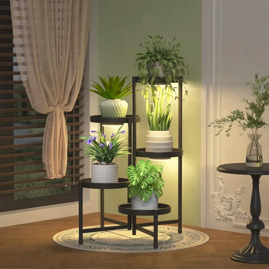 

Многоярусная подставка для растений (5 уровней) для дома с фитолампой, угловая металлическая полка для цветов на улице с поддоном шириной 10 дюймов