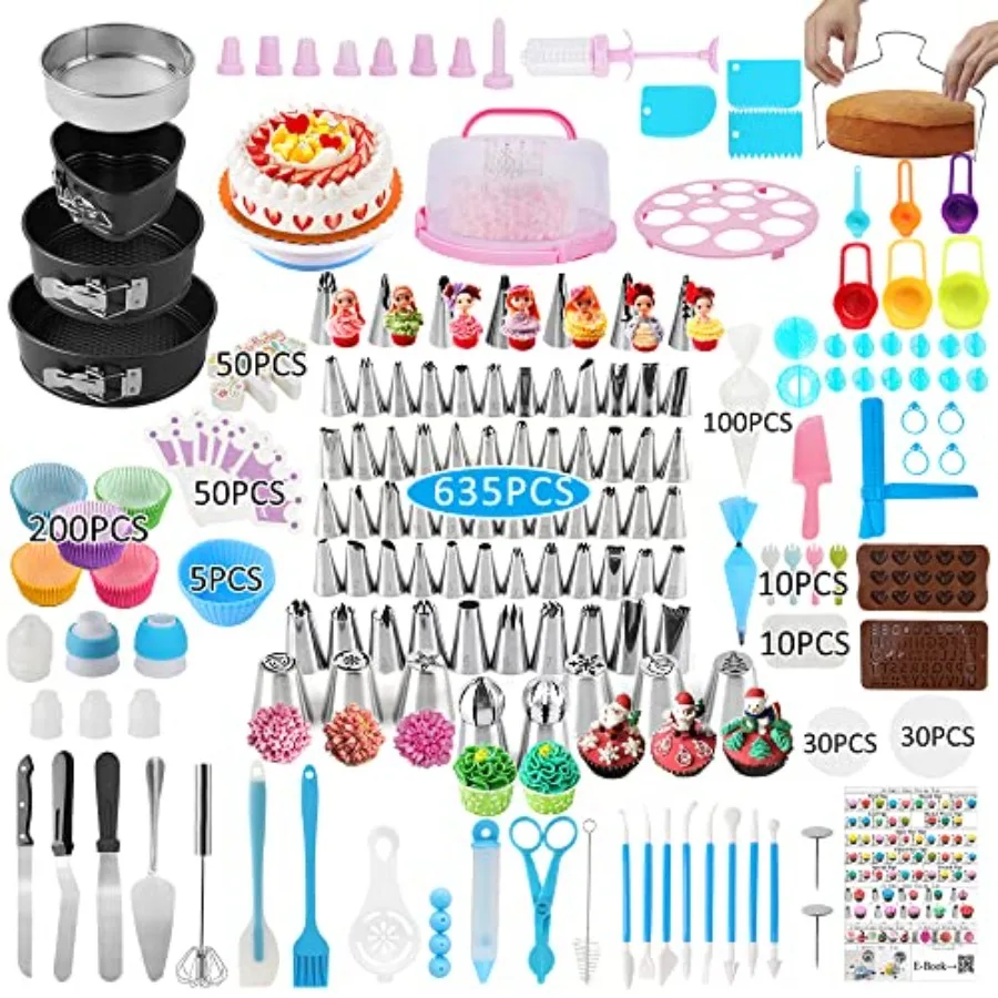 

Cake Decorating Kit635 Pcs Decorating Supplies With 3 Springform Pan Sets Icing Nozzles Rotating Turntable Cake Topper Piping B