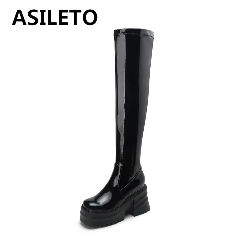 

ASILETO New Patent Leather Women Thigh High Boots Chunky Heel 9cm Double Platform Zipper Plus Size 41 42 43 Sexy Party Booties