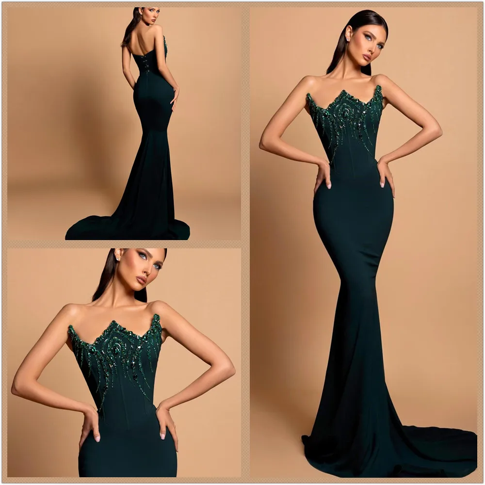 2024 Sunnye Popular Charming Satin Rhinestone Celebrity Dress Sparkle Strapless Evening Dresses Mermaid Backless  Prom Gowns