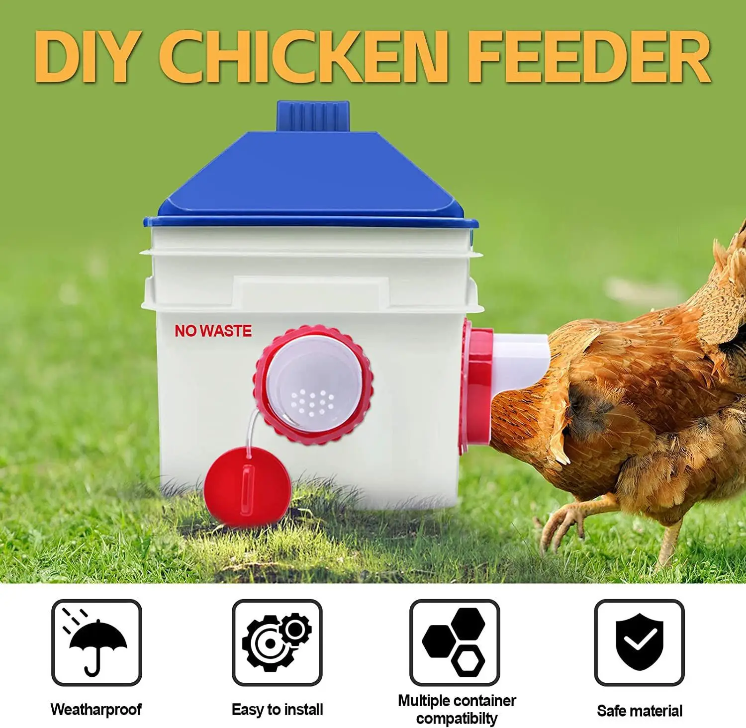 4pc Chicken Feeder Poultry Feeding Supplies DIY Rain Proof Poultry Feeder Port Gravity Feed Kit For Buckets Barrels Bins Troughs