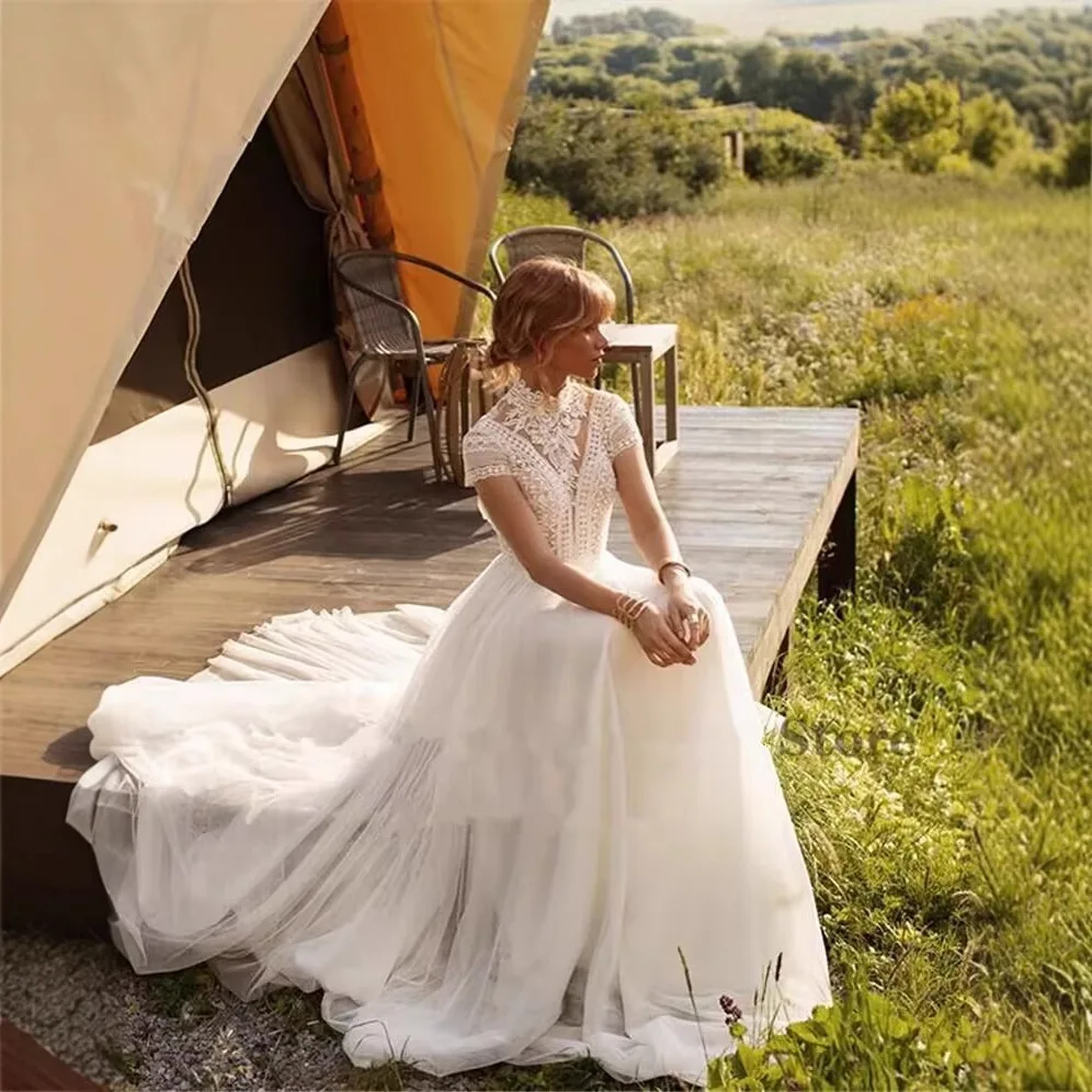 Wedding Dresses Backless Sexy Fashion Vestidos De Novia Court Train Appliques High Neck Robe De Mariée Custom-Made