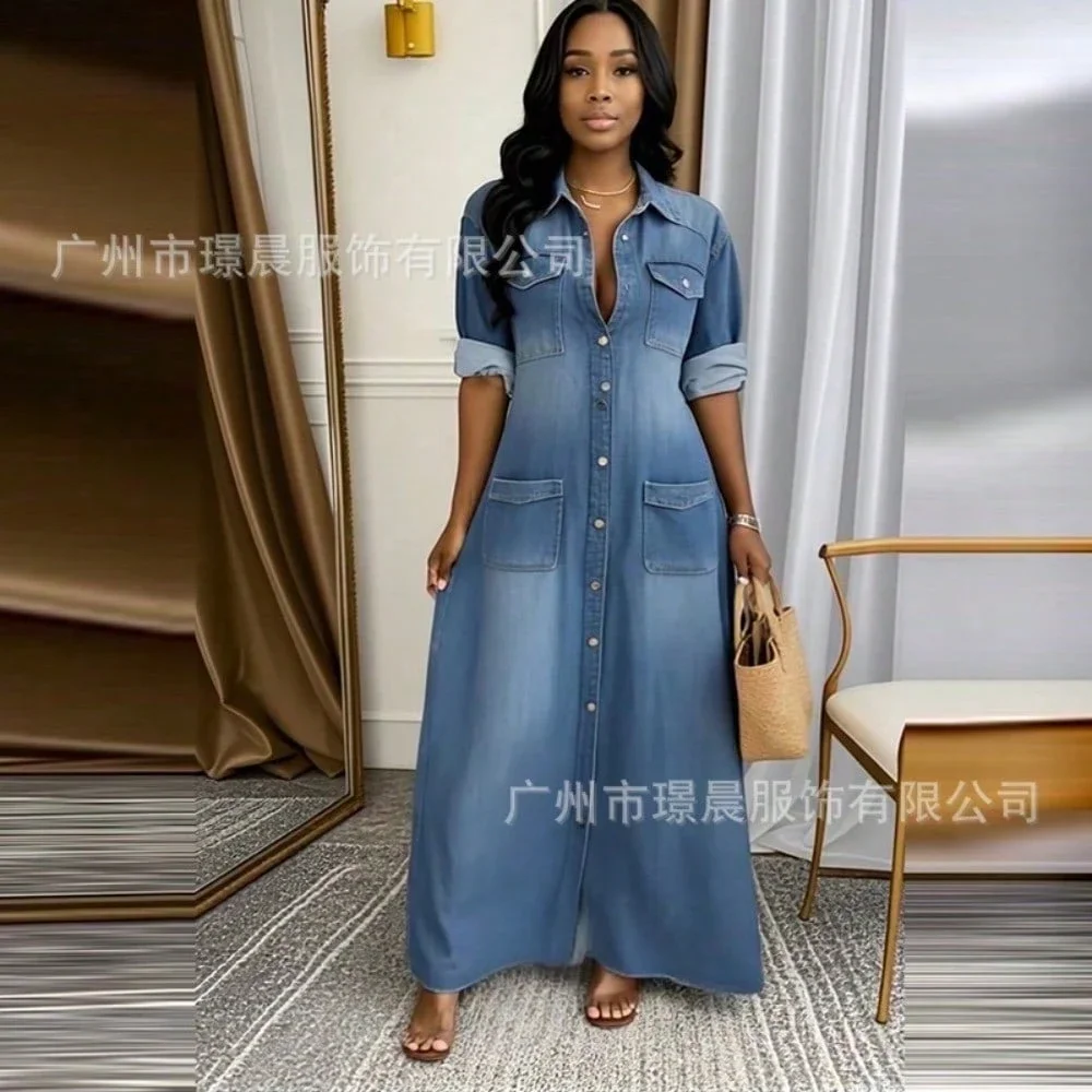 

Women's Denim Shirt Dress With Pockets Casual Long Maxi Dress