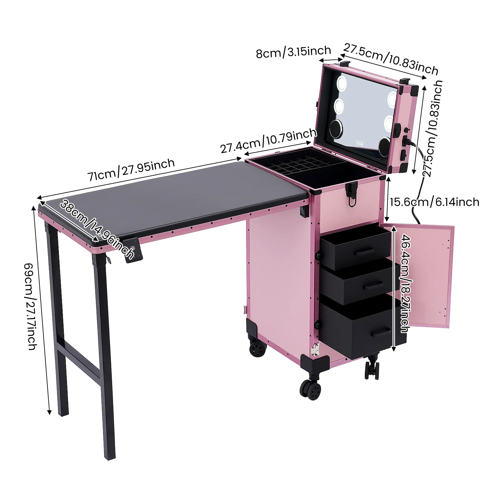 3-Tier Foldable Makeup Trolley with Lockable Drawers and Combination Lock, Mobile Beauty Case with Fold-out Table for On-Site Makeup - view 8