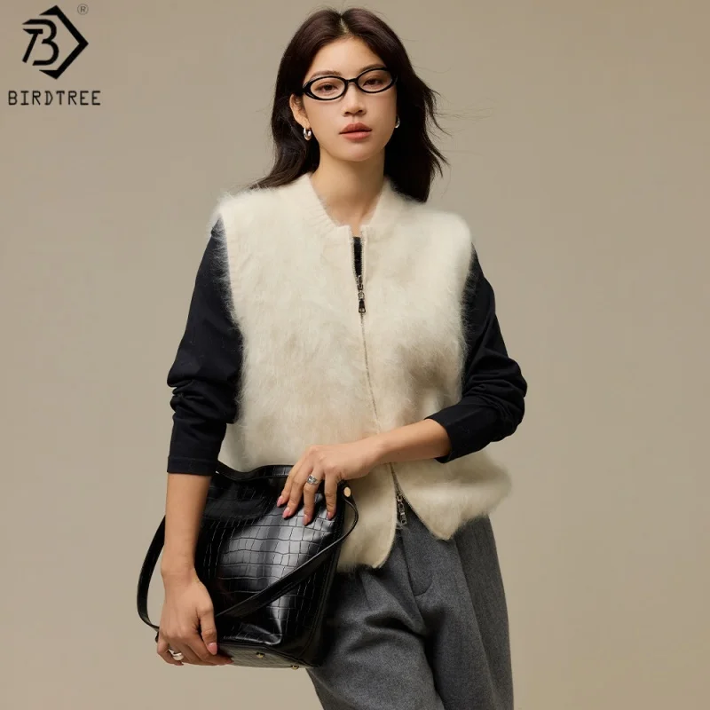 Birdtree, 88.4% Sheep Wool 3.6% Cashmere Coat, Brushed Sleeveless Vest, Women's Zipper Warmth Jacket, 2026 Autumn New T69026JF