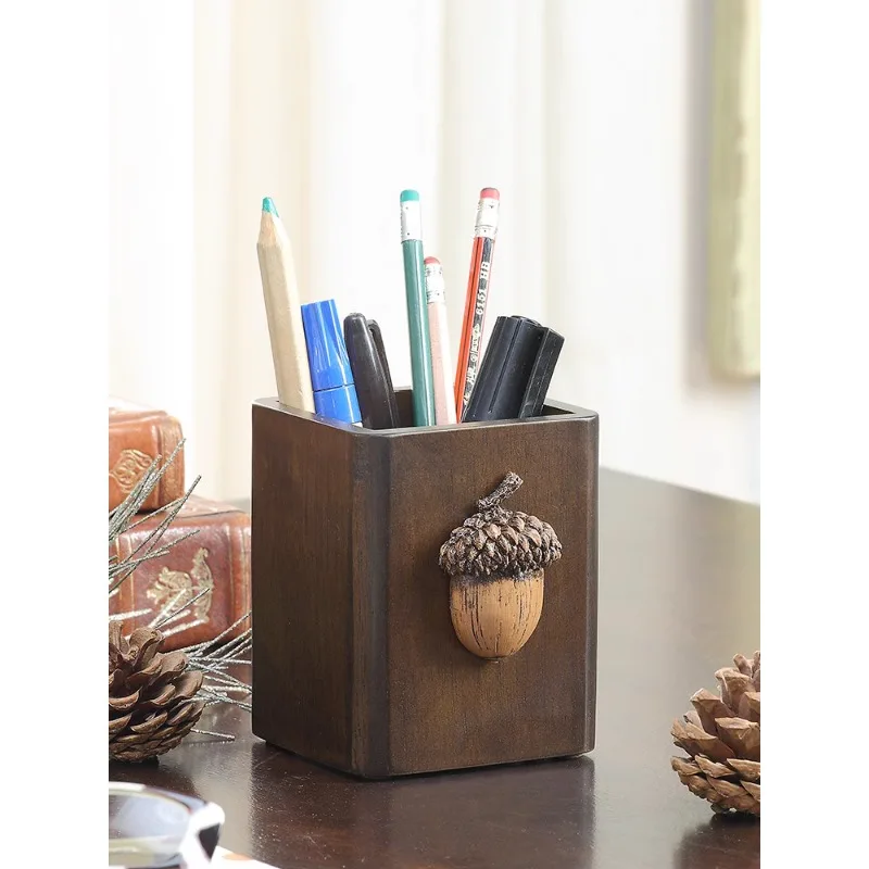 Green Blossom Wooden Pen Holder Storage Box, Study Office Desktop, Simple, Modern, Girls, Boys, Cute Students Desktop