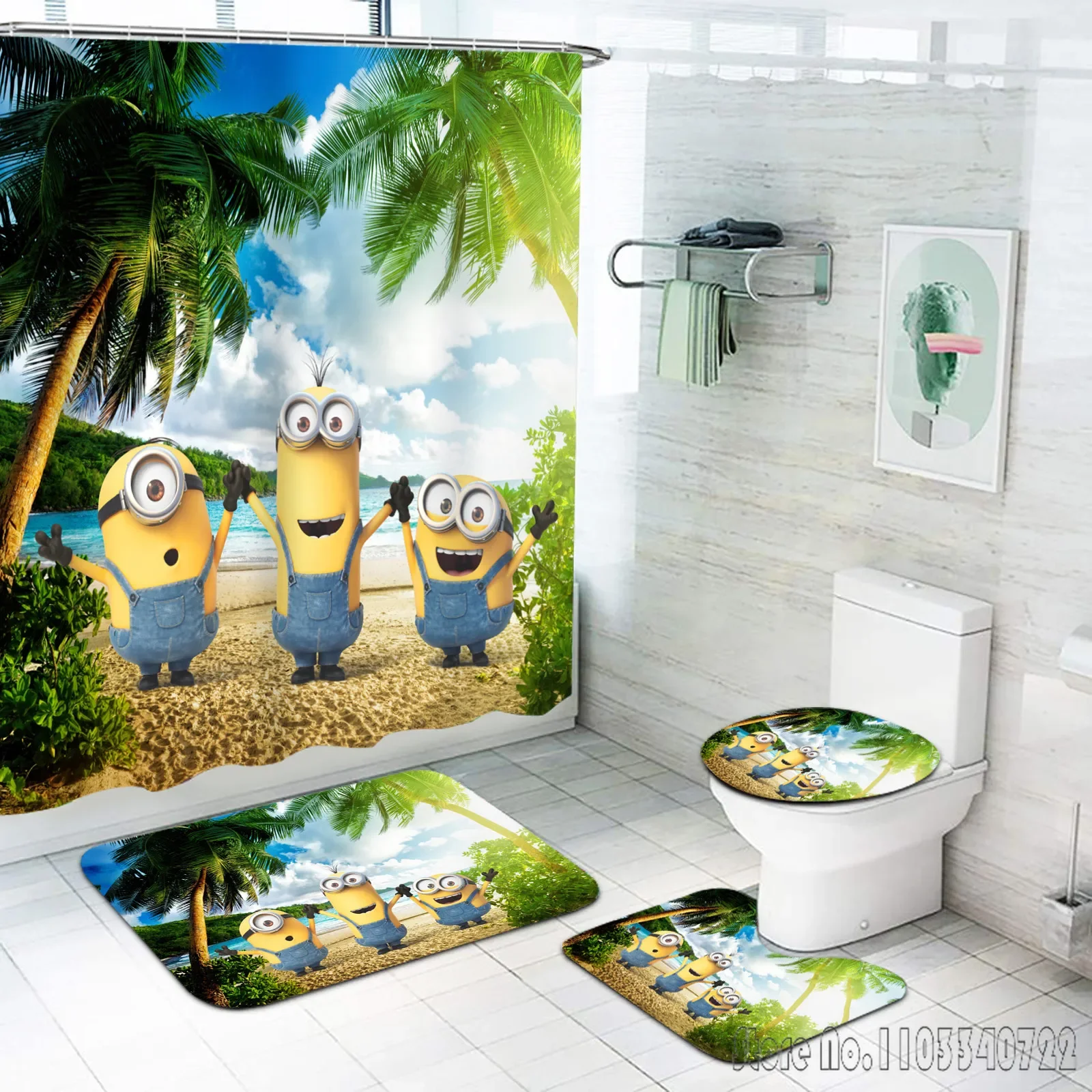 Baby Kids M-Minions Animal Anime Bath Shower Curtain Set 4pcs with Hooks Waterproof Bathroom Toilet Mat Lid Decor