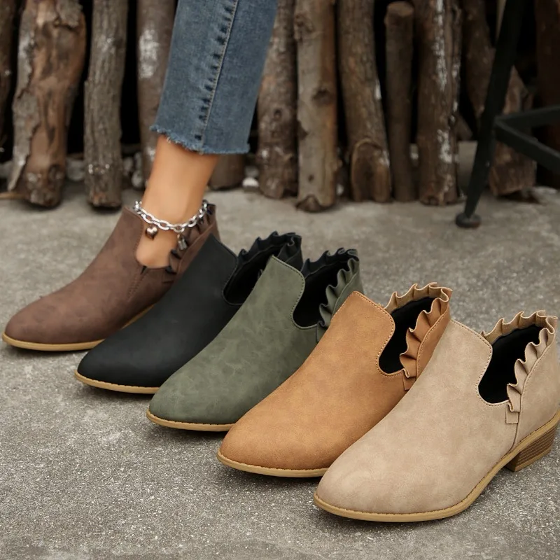 New Women\'s Chelsea Boots Pointed Suede Thick Heel Booties Women Plus Size Zipper Heeled Ankle Boots Retro Boots Zapatos Mujer