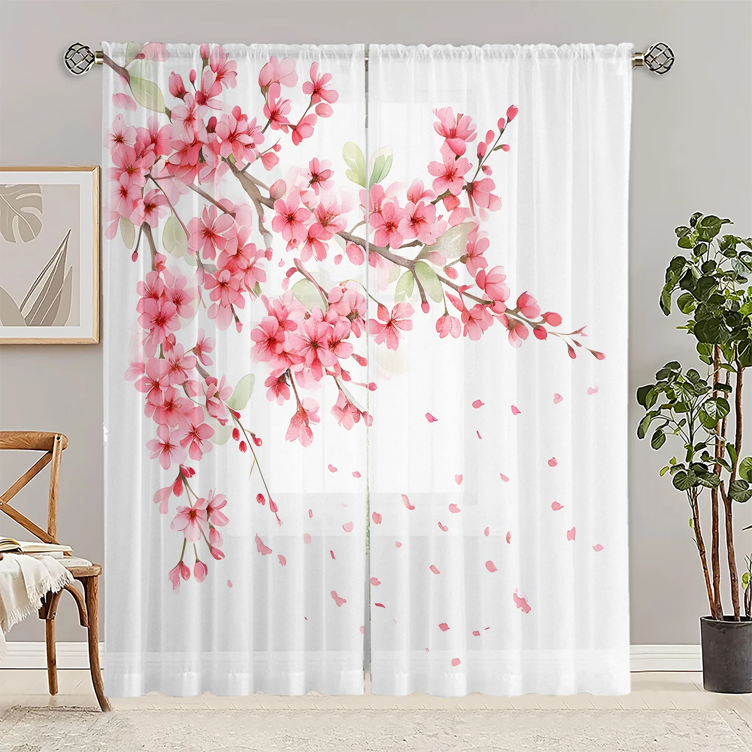 قطعتان من ستائر مطبوعة بزهر الكرز، قماش بوليستر، قابلة للغسل في الغسالة، مناسبة لتزيين غرفة النوم وغرفة المعيشة