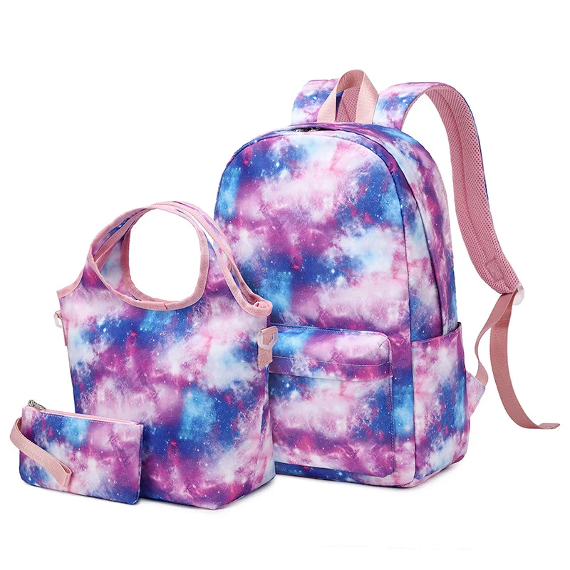 

New tie-dye schoolbag three-piece set, starry sky graffiti student schoolbag large-capacity backpack three-piece set