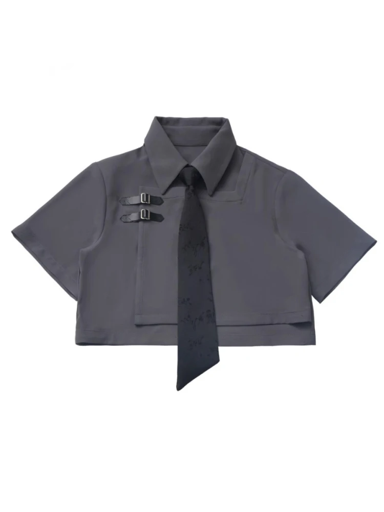 Punk Girl Sweet Cool Gray and White Embroidered Shirt Gothic Suit Preppy Style Short-sleeved Shirt Patchwork Skirt 2 Piece Set
