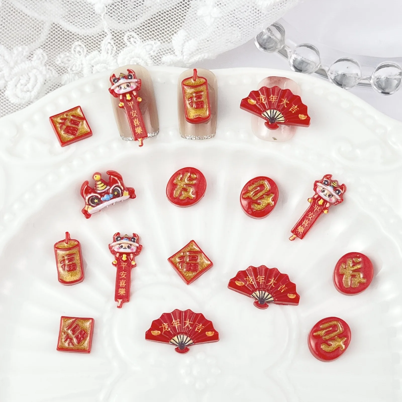 20pcs miniso chinese new year cartoon nail charms for diy nail making kawaii cute resin nail art decoreation