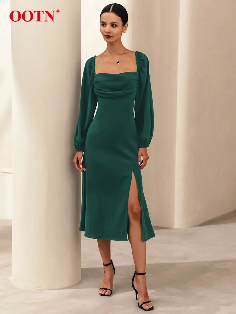 OOTN Elegant Green Square Collar Long Dress 2024 Black Sexy High Waist Split Dresses Women Spring 100% Polyester A Line Dress