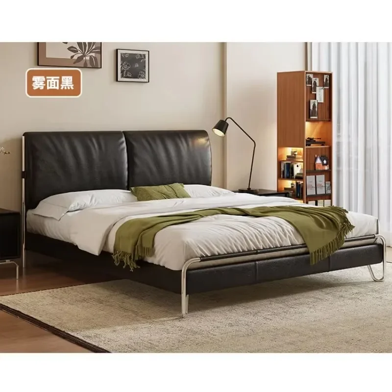 Bauhaus leather bed master bedroom 1.8 meters double bed, bedroom cowhide black soft bag wedding bed