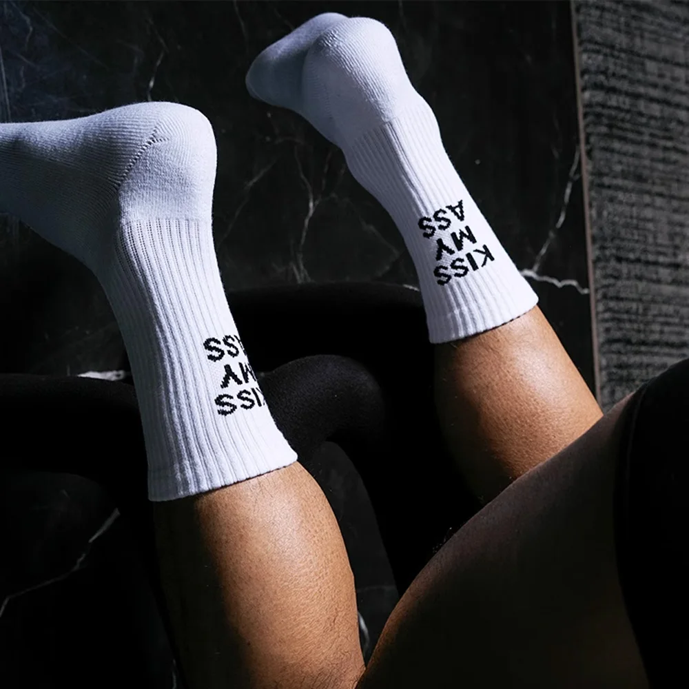 Men\'s White Tall Long KISSMYASS Towel Bottom Sports Cotton Fitness Socks