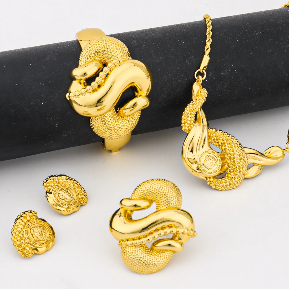 

2025 Gold Color Jewelry Set for Women Brazil Charm Necklace Earrings Ring And Bangle Accessories For Banquet Women's Day