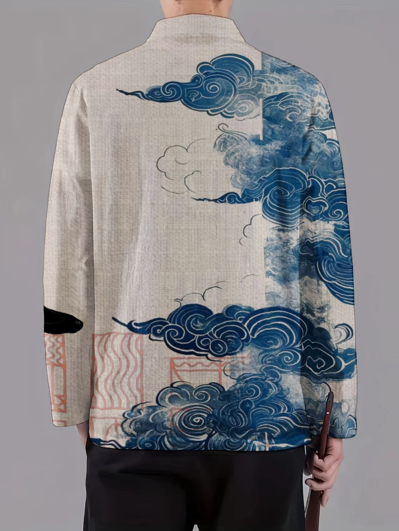 Men Mandarin Collar Frog Button Jacket Cloud Marble Ink Swirl Art Print Traditional Outerwear - view 5