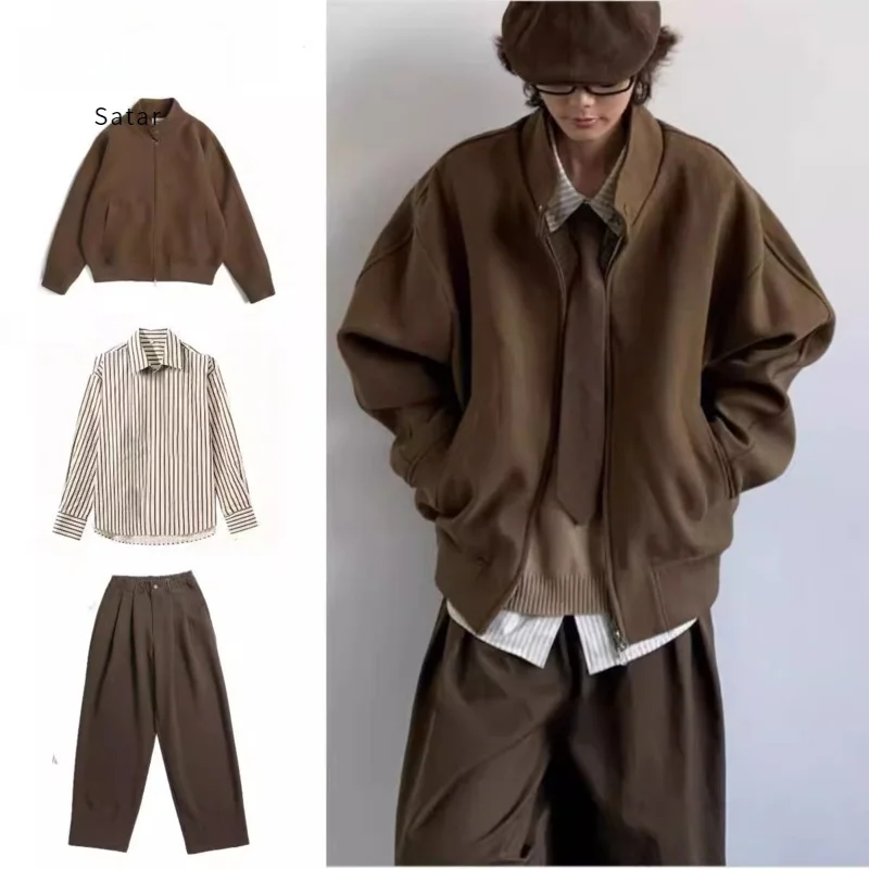 

Autumn Winter Retro Japanese Sle Men's And Women's Woolen Jaet Set Deep Brown Stand Collar Commute Outerwear Suit