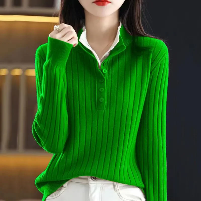 

Fashion Lapel Knitted Pullover Sweater Women Autumn Winter New Long Sleeves Two-Piece Set Loose Knitwear Jumper Tops Femme B1343