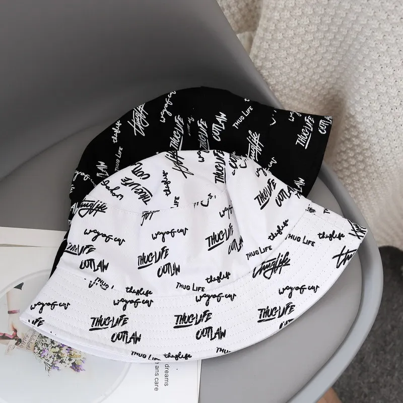 Bucket Hat for Women Summer Double-sided Bucket Hat Men Graffiti Letter Outdoor Sun Hats Unisex Wide Brim Foldable Fisherman Cap