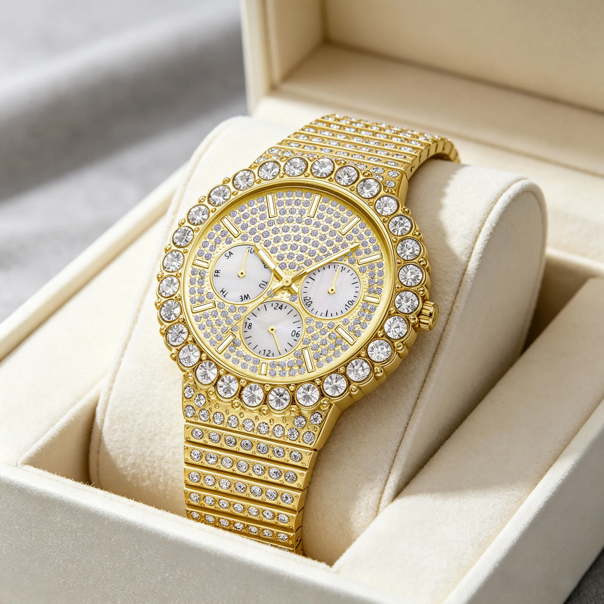 Men's Quartz Watch, with Star-Shaped Diamonds Set, Luxurious Business Calendar with Night Light and Water Resistance. A Great Gi