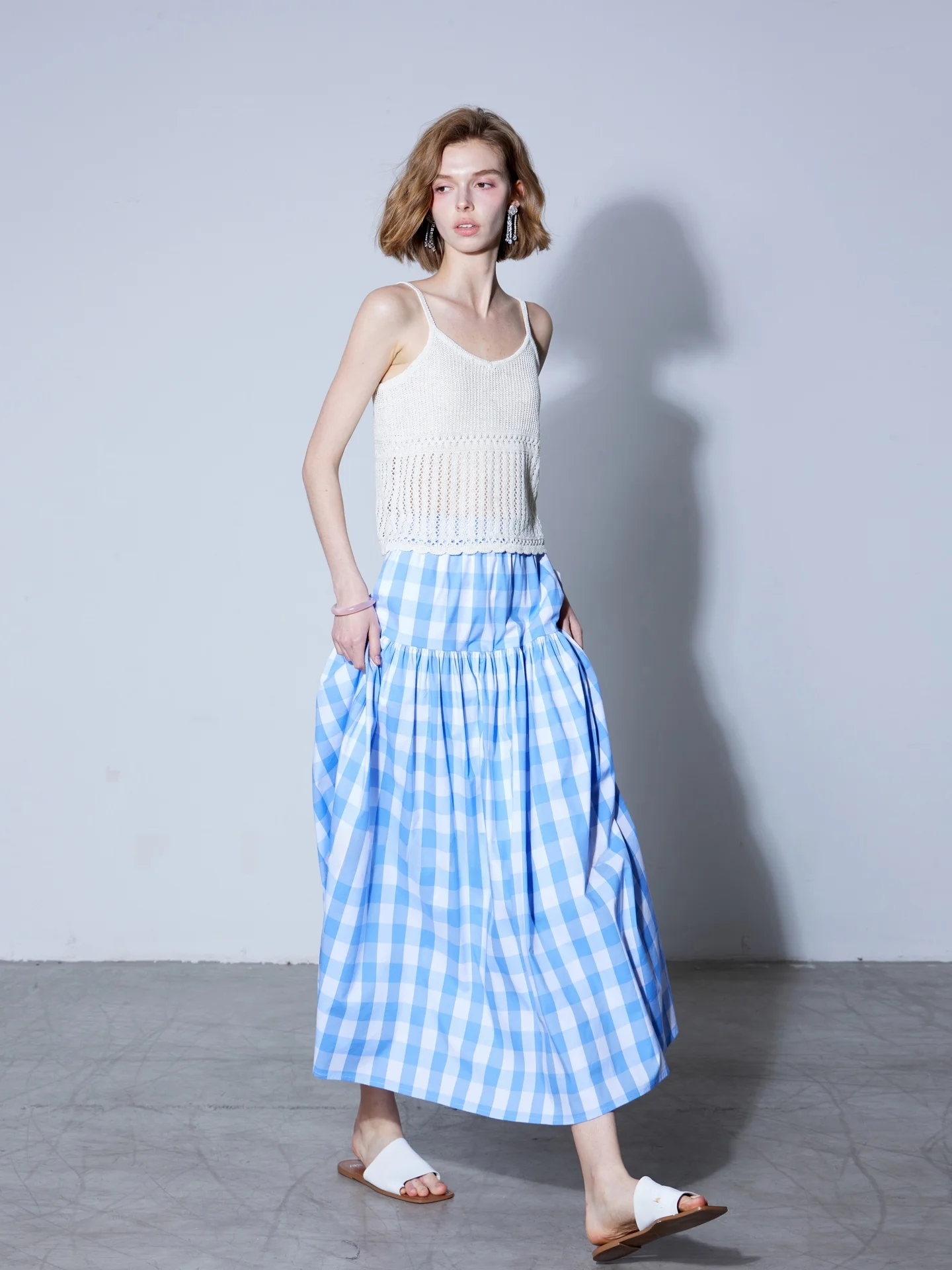Finocci French Summer Cotton Feel High Waist Fluffy A-Line  Skirt Women's Breathable Comfortable Color Woven Blue White C...