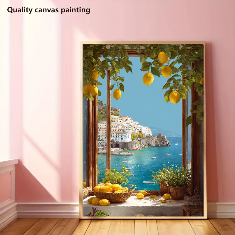 No Framed Poster Featuring a Seaside View, Depicting Lemon Harvest Art, Perfect for Coastal-Themed Decor. Ideal for Summer Retre