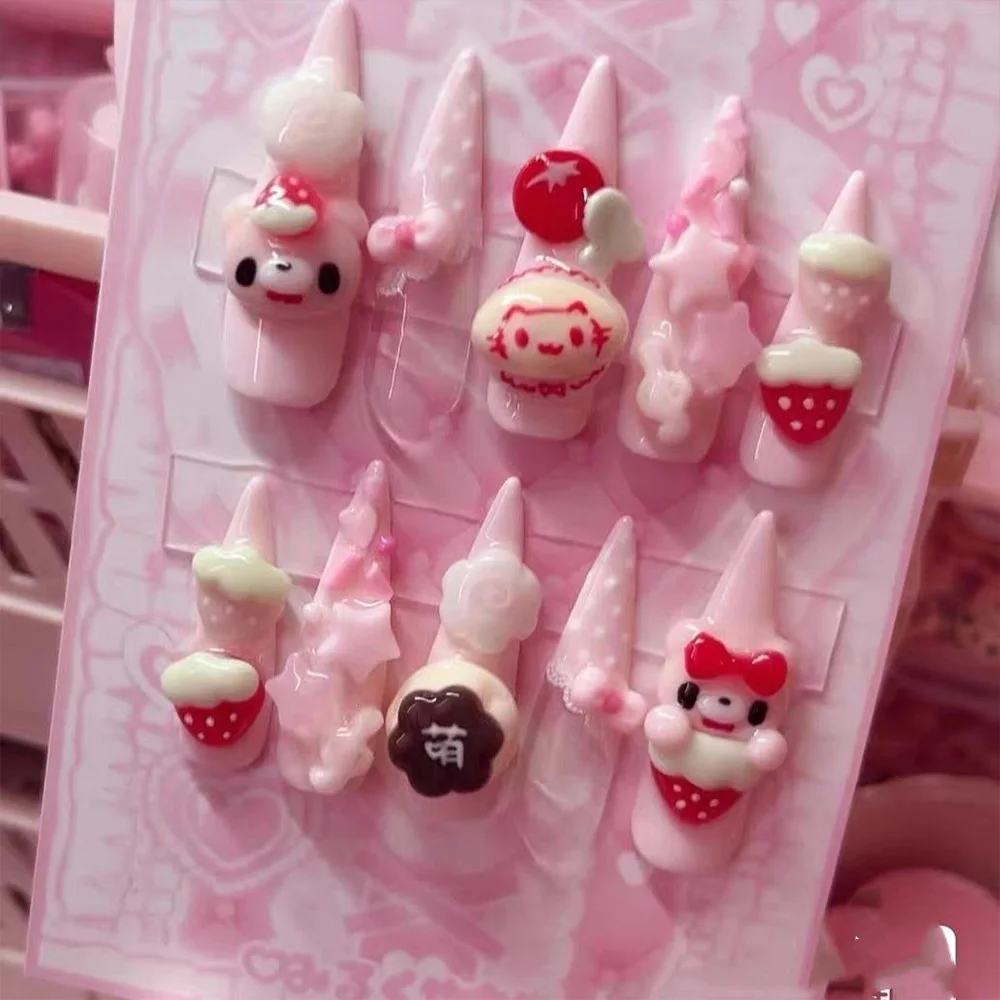 Niedliche Retro Japanische Rilakkuma Rosa Kaninchen Mandel Künstliche Nägel 3D Schleife Stern Katzenpfote Erdbeere Aufklebenägel Handaccessoires – Detail 10