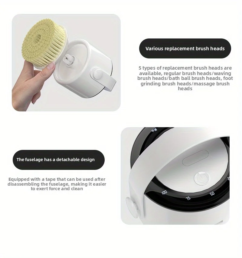 Electric Shower Brush LED Display Rotating Multifunctional Shower Brush 5 Brush Heads 3-Speed Detachable for Back Face & Shower