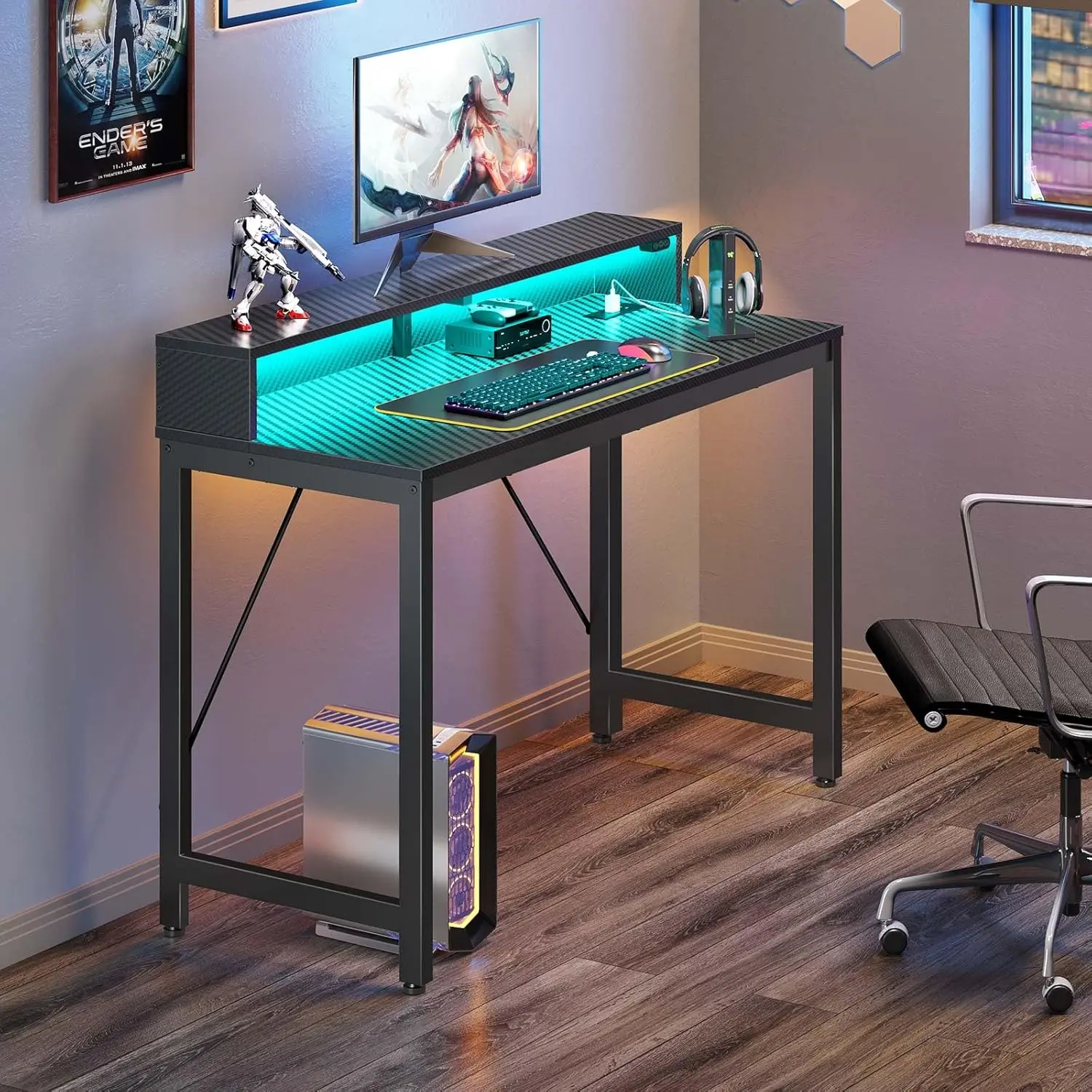 Computer Desk 39 inch with LED Lights & Power Outlets,Writing Desk, Study Desk for Student & Kids, Carbon Fiber Surface Black